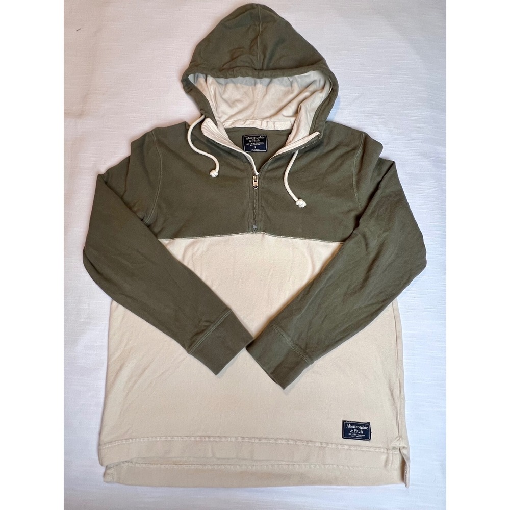 Abercrombie & Fitch Mens Small Colorblock Quarter Zip Hoodie Olive Green Cream